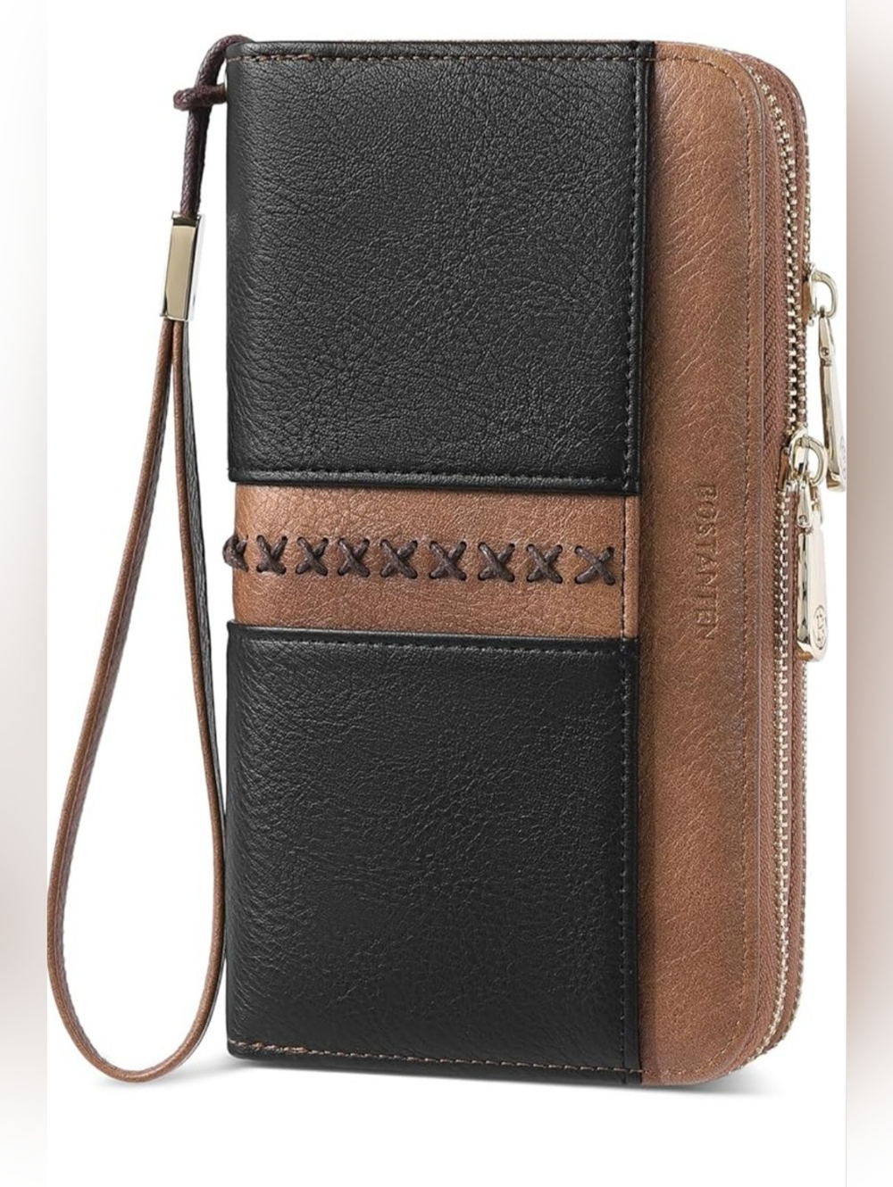 Bostanten Two-Tone Black/ Brown Wristlet Clutch with Wrist Strap RFID Protection